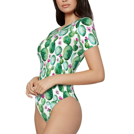 Goofa Cactus Plants Printed Women Rash Guard Short Sleeve,Tummy control Swimsuit Surfing Swimsuit Bathing Suit One Piece Swimsuit UPF 50-Small