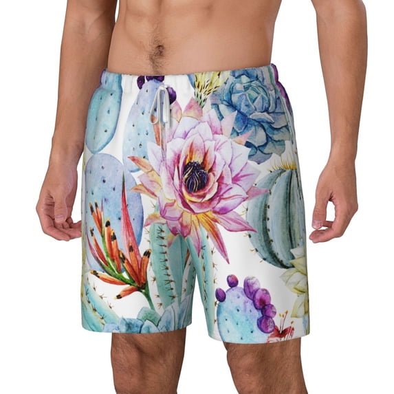 Goofa Cactus Printed Men's Swim Trunks Board Shorts Quick Dry Mens Swimming Trunks with Compression Liner,Breathable Fit Hawaii Beach Shorts-Small