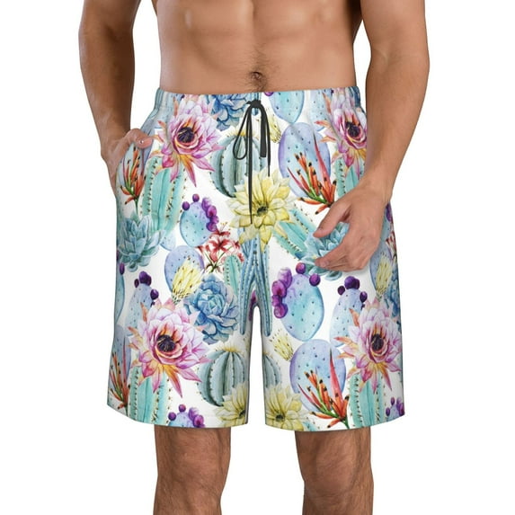 Goofa Cactus Printed Mens Swim Trunks Summer Quick Dry Short Beach Swimwear Bathing Suits-Medium