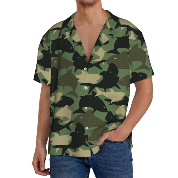Goofa Camouflage Shark Printed Men's Casual Short-sleeved Shirt,Lightweight Breathable Button-down,Summer Casual men's top,Versatile Fashion shirt-