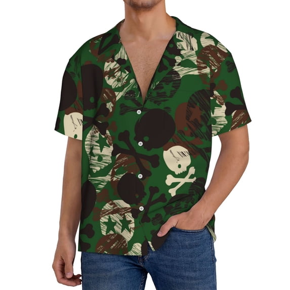 Goofa Camouflage Skull Printed Men's Casual Short-sleeved Shirt,Lightweight Breathable Button-down,Summer Casual men's top,Versatile Fashion shirt-XX-Large