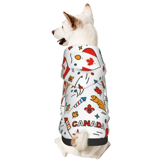 Goofa Canada Day Pattern Small Dog Sweater Hoodies Pet Grey Hooded Soft Fleece Sweatshirts with Pocket Fall Winter Puppy Cat Sweaters Warm Clothes-