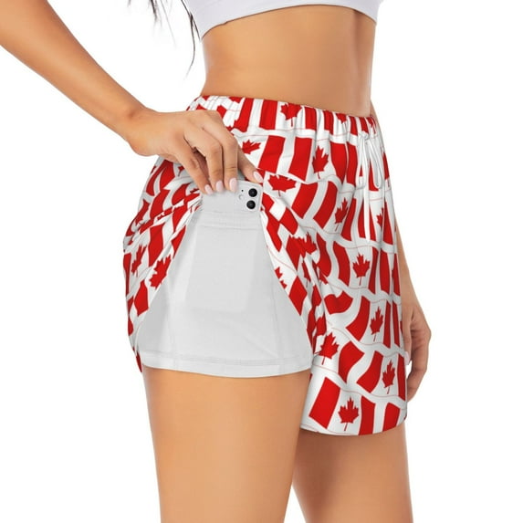 Goofa Canada Printed Women 2 in 1 Running Shorts,Quick Dry Athletic Workout Shorts,High Waisted Athletic Shorts with Liner Pockets-Large