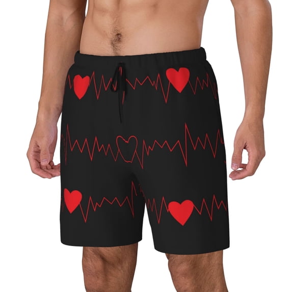 Goofa Cardiogram and Heart Printed Men's Swim Trunks Board Shorts Quick Dry Mens Swimming Trunks with Compression Liner,Breathable Fit Hawaii Beach Shorts-Small