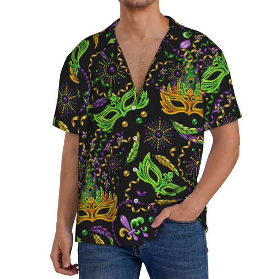 Goofa Carnival Mardi Gras3 Printed Men's Casual Short-sleeved Shirt,Lightweight Breathable Button-down,Summer Casual men's top,Versatile Fashion shirt-Small
