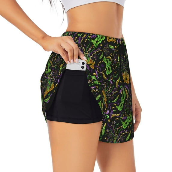 Goofa Carnival Mardi Gras3 Printed Women 2 in 1 Running Shorts,Quick Dry Athletic Workout Shorts,High Waisted Athletic Shorts with Liner Pockets-Large