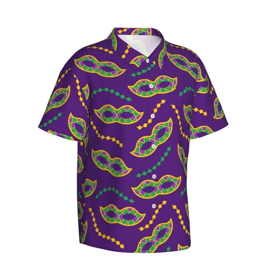 Goofa Carnival Masks and Beads Hawaiian Shirt for Men, Unisex Summer Beach Casual Short Sleeve Button Down Shirts,Aloha Tropical Floral print shirt-X-Large