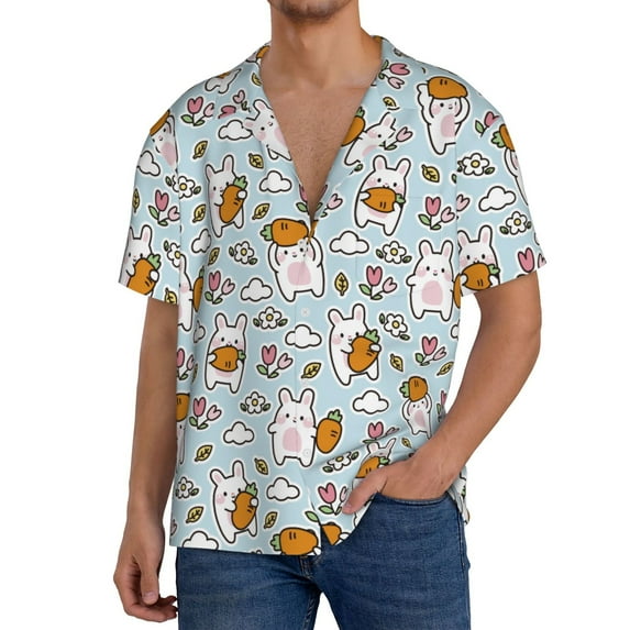 Goofa Carrot Rabbit Printed Men's Casual Short-sleeved Shirt,Lightweight Breathable Button-down,Summer Casual men's top,Versatile Fashion shirt-Large