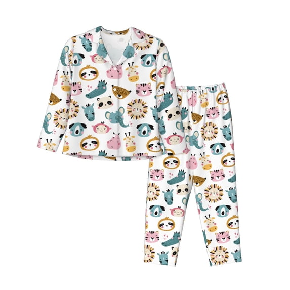 Goofa Cartoon Animals Printed Women’s 2 Piece Pajama Set Super,Pajamas Women's Long Sleeve Sleepwear Soft Button Down Loungewear Pjs Lounge Set Nightwear-