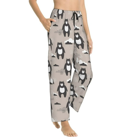 Goofa Cartoon Bear Brown Printed Soft Pajama Pants for Women, Wide Leg Comfy Casual Lounge Yoga Pants-Small