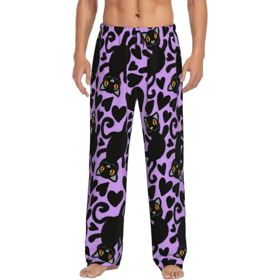 Goofa Cartoon Black Cats Pattern Printed Soft Pajama Pants for Men, Wide Leg Comfy Casual Lounge Yoga Pants-Large