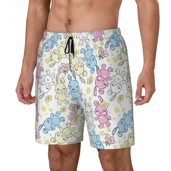 Goofa Cartoon Bunny Printed Men's Swim Trunks Board Shorts Quick Dry Mens Swimming Trunks with Compression Liner,Breathable Fit Hawaii Beach Shorts-XX-Large