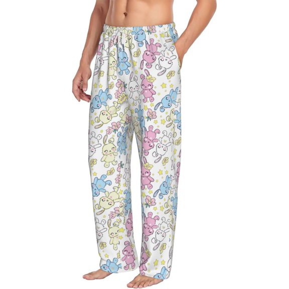 Goofa Cartoon Bunny Printed Soft Pajama Pants for Men, Wide Leg Comfy Casual Lounge Yoga Pants-Large