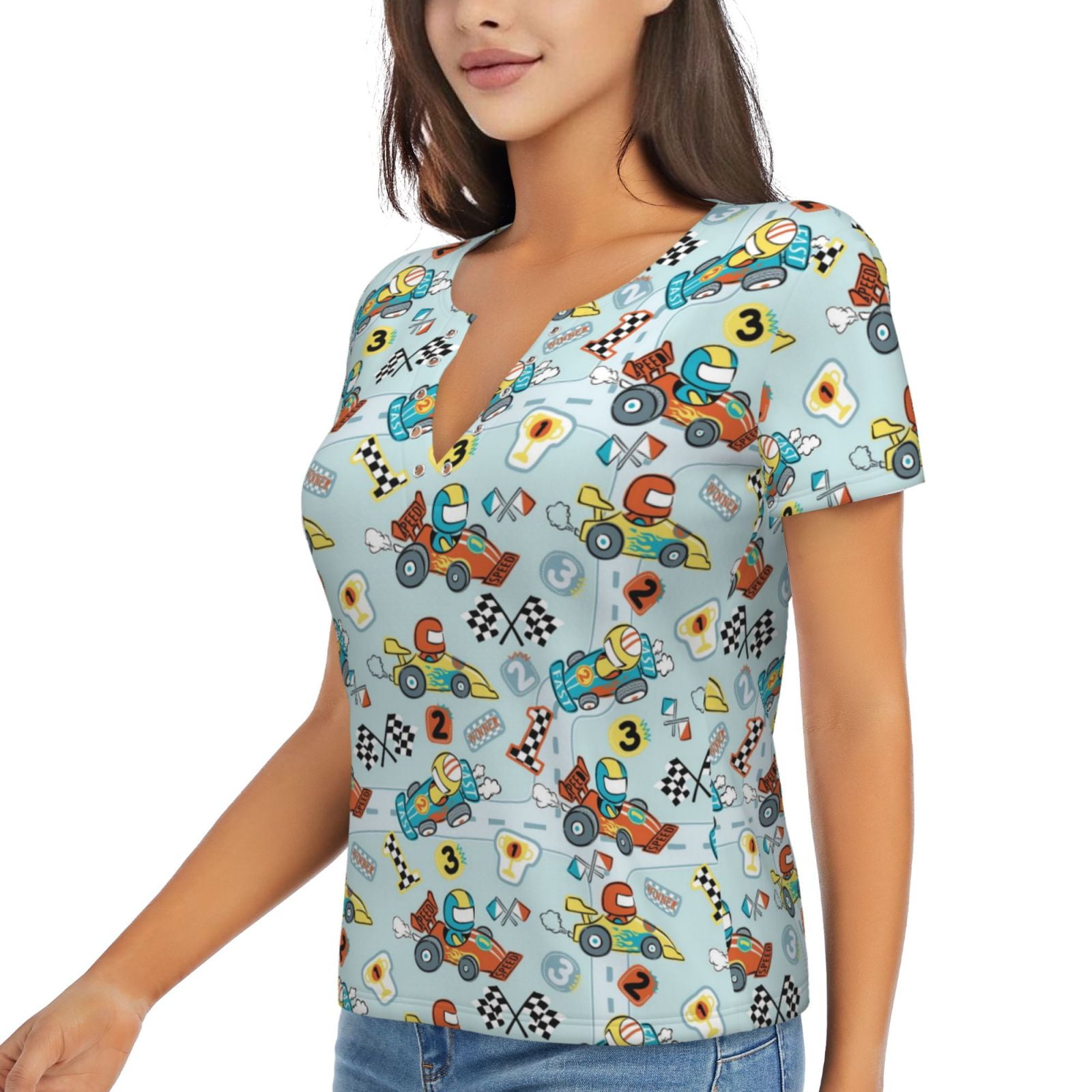 Goofa Cartoon Car Racing Pattern Womens Deep V Neck Low Cut Tops Casual ...