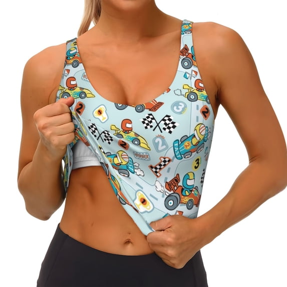 Goofa Cartoon Car Racing Printed Sports Bras for Women, High Impact Running Bra Workout Crop Tank Tops Longline Sports Bra Push up-Small