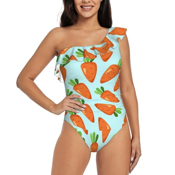 Goofa Cartoon Carrot Pattern Women's One Piece Swimsuits Tummy Control Bathing Suits Asymmetric One Shoulder Swimwear-Medium