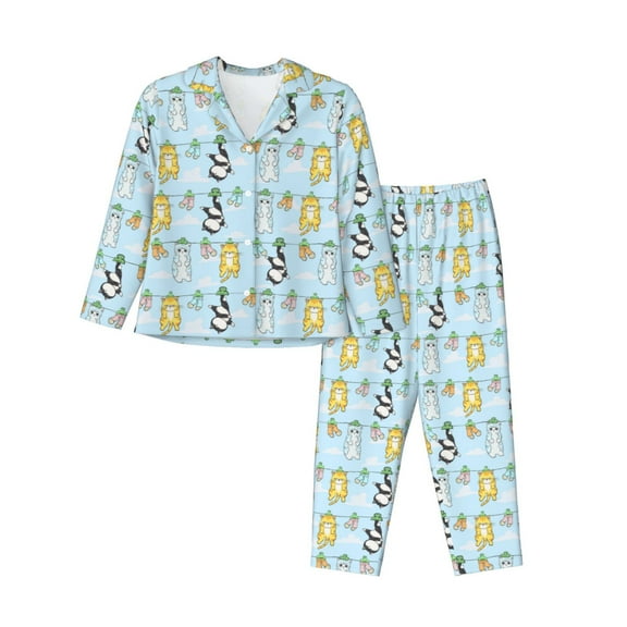 Goofa Cartoon Cat Printed Women’s 2 Piece Pajama Set Super,Pajamas Women's Long Sleeve Sleepwear Soft Button Down Loungewear Pjs Lounge Set Nightwear-Small
