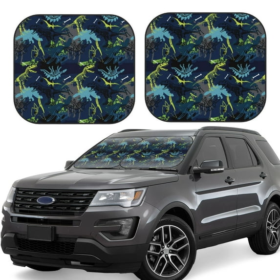 Goofa Cartoon Dinosaur Pattern 2 Piece Car Windshield Sun Shade Foldable | Front Windshield Shade for Sun, Heat and UV Rays | Sunshade for Car Front Window-Medium