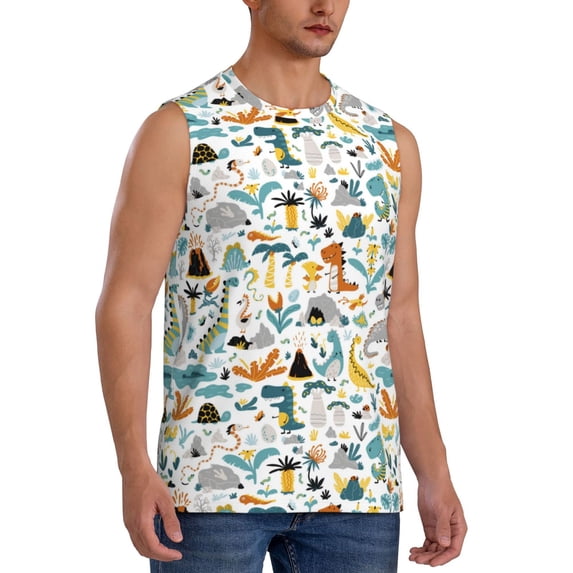 Goofa Cartoon Dinosaur Printed Men's Sleeveless T-Shirt - Athletic Gym Workout Tank Top for Men - Moisture-Wicking, UPF 30+ Quick-Dry Muscle Tee-