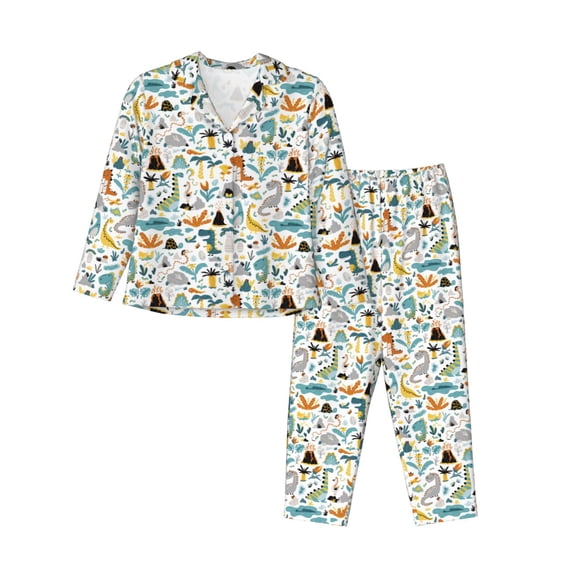 Goofa Cartoon Dinosaur Printed Women’s 2 Piece Pajama Set Super,Pajamas Women's Long Sleeve Sleepwear Soft Button Down Loungewear Pjs Lounge Set Nightwear-