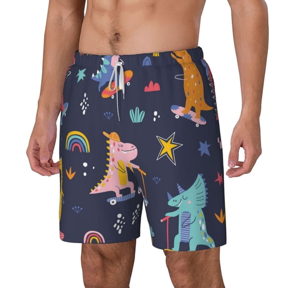 Goofa Cartoon Dinosaur Scooter Sport Blue Printed Men's Swim Trunks Board Shorts Quick Dry Mens Swimming Trunks with Compression Liner,Breathable Fit Hawaii Beach Shorts-X-Large