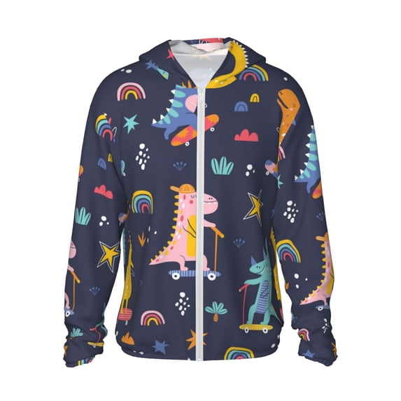 Goofa Cartoon Dinosaur Scooter Sport Blue Printed Women's UPF 50+ Sun Protection Hoodie Jacket Lightweight Long Sleeve Sun Shirt for Women with Pocket Hiking Outdoor-Large