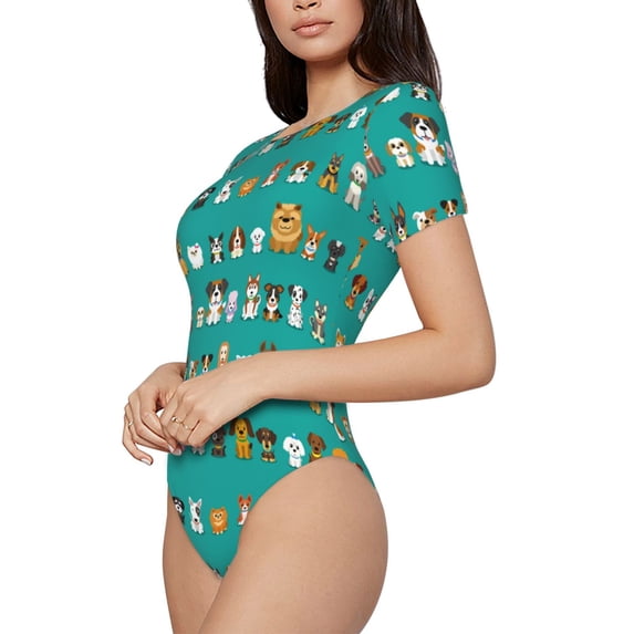 Goofa Cartoon Dogs Printed Women Rash Guard Short Sleeve,Tummy control Swimsuit Surfing Swimsuit Bathing Suit One Piece Swimsuit UPF 50-Small