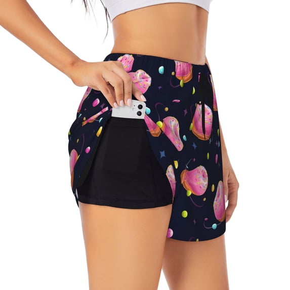 Goofa Cartoon Donut Planets Printed Women 2 in 1 Running Shorts,Quick Dry Athletic Workout Shorts,High Waisted Athletic Shorts with Liner Pockets-Large