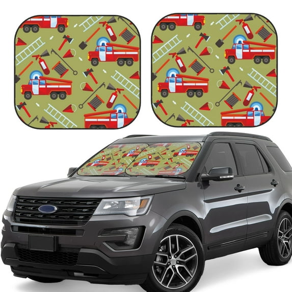 Goofa Cartoon Fire Truck Pattern 2 Piece Car Windshield Sun Shade Foldable | Front Windshield Shade for Sun, Heat and UV Rays | Sunshade for Car Front Window-