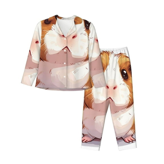 Goofa Cartoon Guinea Pig Printed Women’s 2 Piece Pajama Set Super,Pajamas Women's Long Sleeve Sleepwear Soft Button Down Loungewear Pjs Lounge Set Nightwear-