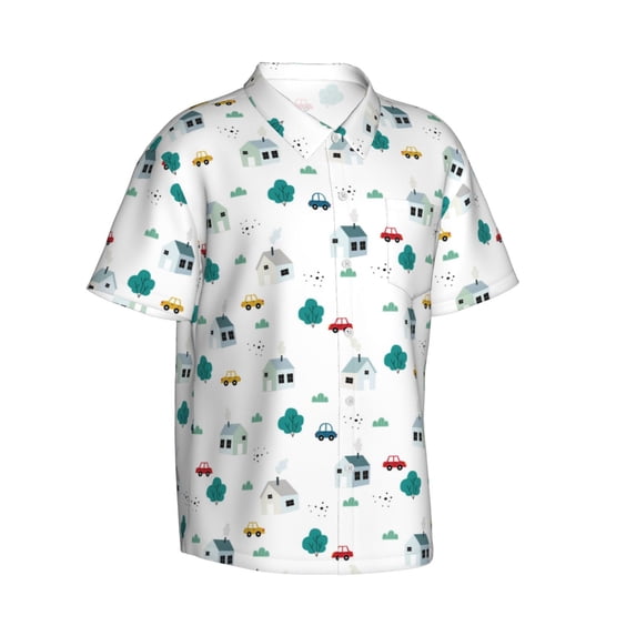 Goofa Cartoon House Car Hawaiian Shirt for Men, Unisex Summer Beach Casual Short Sleeve Button Down Shirts,Aloha Tropical Floral print shirt-Medium