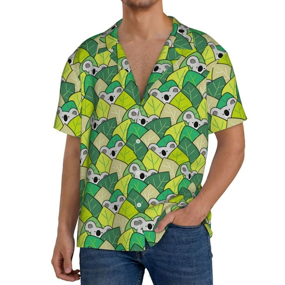 Goofa Cartoon Koala Bear and Leaf Printed Men's Casual Short-sleeved Shirt,Lightweight Breathable Button-down,Summer Casual men's top,Versatile Fashion shirt-XX-Large