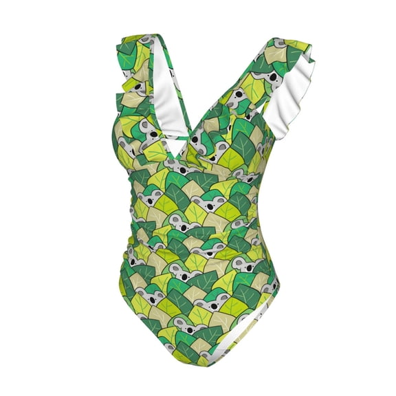 Goofa Cartoon Koala Bear and Leaf Print Women's Ruffled One Piece Swimsuit V Neck