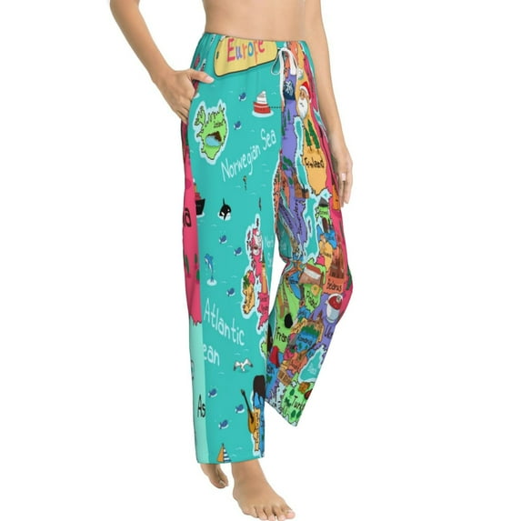 Goofa Cartoon Map Of Europe Printed Soft Pajama Pants for Women, Wide Leg Comfy Casual Lounge Yoga Pants-X-Large