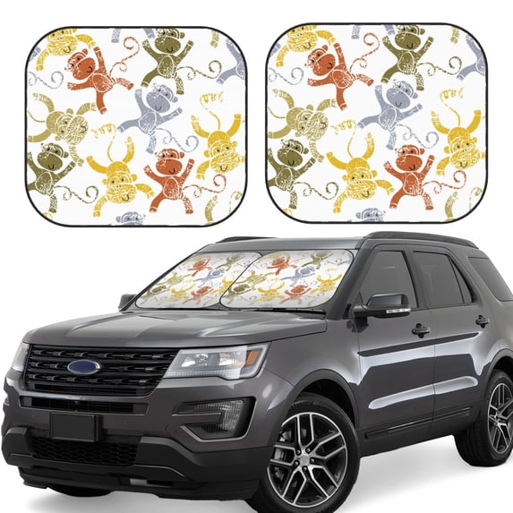 Goofa Cartoon Monkey Pattern 2 Piece Car Windshield Sun Shade Foldable | Front Windshield Shade for Sun, Heat and UV Rays | Sunshade for Car Front Window-