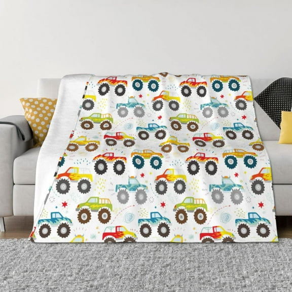 Goofa Cartoon Monster Trucks Pattern Fleece Throw Blanket for Couch, Soft Checkered Flannel Blanket for Sofa, Warm Cozy Decorative Blanket Fall Decor Gift-