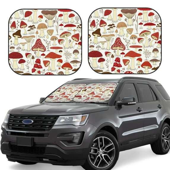 Goofa Cartoon Mushrooms Pattern 2 Piece Car Windshield Sun Shade Foldable | Front Windshield Shade for Sun, Heat and UV Rays | Sunshade for Car Front Window-Large