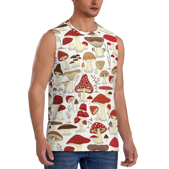 Goofa Cartoon Mushrooms Printed Men's Sleeveless T-Shirt - Athletic Gym Workout Tank Top for Men - Moisture-Wicking, UPF 30+ Quick-Dry Muscle Tee-
