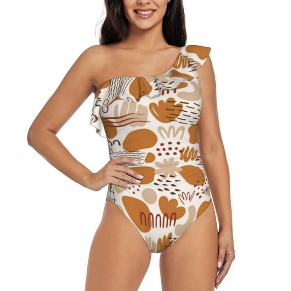 Goofa Cartoon Pattern Women's One Piece Swimsuits Tummy Control Bathing Suits Asymmetric One Shoulder Swimwear-Small