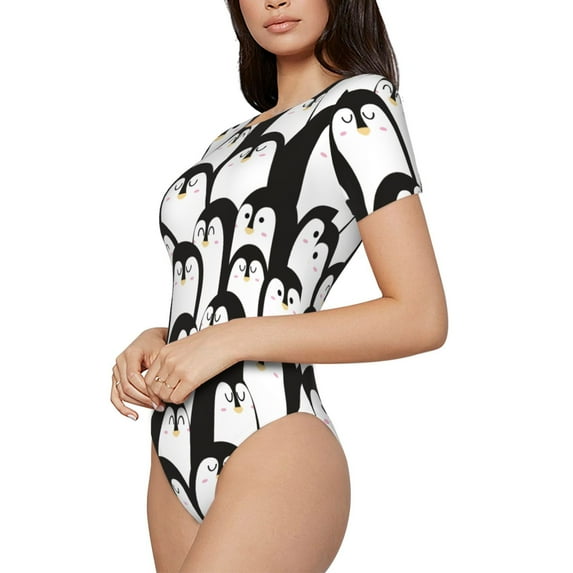 Goofa Cartoon Penguin Printed Women Rash Guard Short Sleeve,Tummy control Swimsuit Surfing Swimsuit Bathing Suit One Piece Swimsuit UPF 50-Large