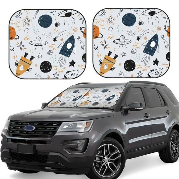 Goofa Cartoon Planets Pattern 2 Piece Car Windshield Sun Shade Foldable | Front Windshield Shade for Sun, Heat and UV Rays | Sunshade for Car Front Window-Large