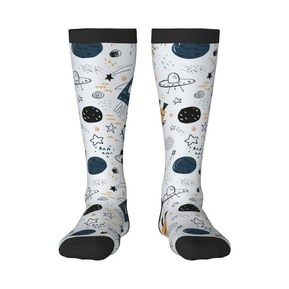 Goofa Cartoon Planets Pattern Adult Stockings, Color-Block Knee High Socks, Comfortable and Breathable, Soft and Stretchable, Sports, and Decoration