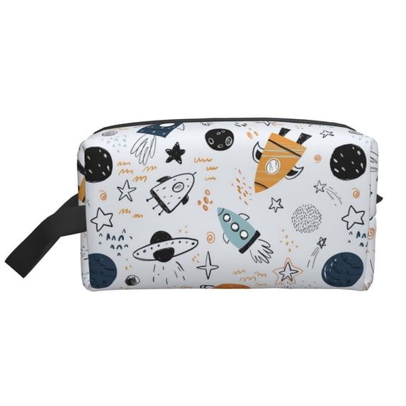 Goofa Cartoon Planets Printed Toiletry Bag with Handle,Large Capacity Travel Makeup Cosmetic Bag for Women, Carry on Airport Airline Compliant Bag
