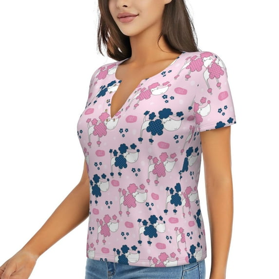 Goofa Cartoon Poodle Dog Pattern Womens Deep V Neck Low Cut Tops Casual Summer Short Sleeve Ribbed Knit T-Shirts-X-Large