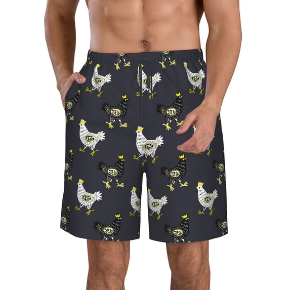 Goofa Cartoon Rooster Printed Mens Swim Trunks Summer Quick Dry Short Beach Swimwear Bathing Suits-Medium