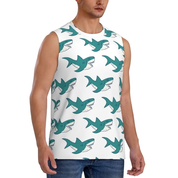 Goofa Cartoon Shark Printed Men's Sleeveless T-Shirt - Athletic Gym Workout Tank Top for Men - Moisture-Wicking, UPF 30+ Quick-Dry Muscle Tee-3X-Large