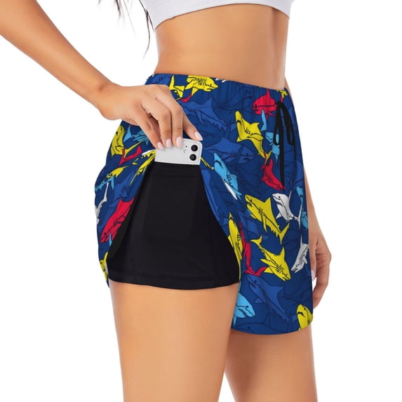 Goofa Cartoon Shark Printed Women 2 in 1 Running Shorts,Quick Dry Athletic Workout Shorts,High Waisted Athletic Shorts with Liner Pockets-