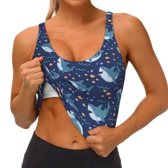Goofa Cartoon Sharks2 Printed Sports Bras for Women, High Impact Running Bra Workout Crop Tank Tops Longline Sports Bra Push up-Medium