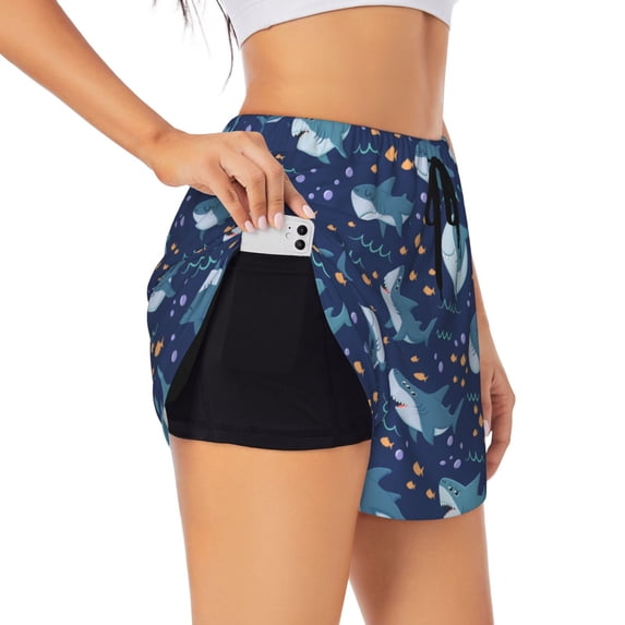 Goofa Cartoon Sharks2 Printed Women 2 in 1 Running Shorts,Quick Dry Athletic Workout Shorts,High Waisted Athletic Shorts with Liner Pockets-XX-Large
