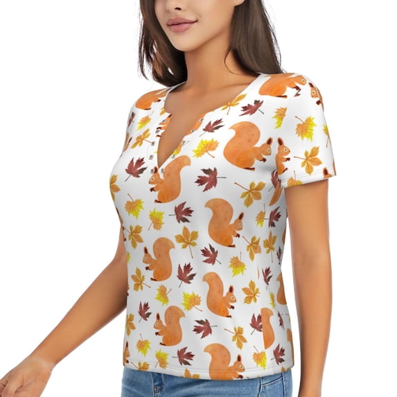 Goofa Cartoon Squirrel Pattern Womens Deep V Neck Low Cut Tops Casual Summer Short Sleeve Ribbed Knit T-Shirts-Small